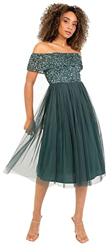 Abendkleid mit Pailletten - Cocktailkleid Damen mit V-Ausschnitt - Tüllkleid Damen mit Kurzen Ärmeln