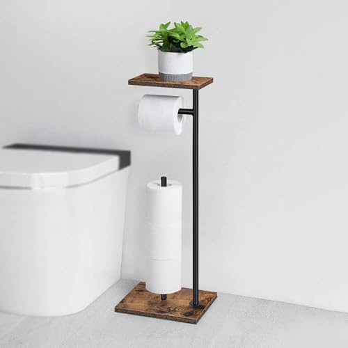 UOMIO Toilet Roll Holder Stand with Wooden Storage Shelf, Freestanding Toilet Paper Holder with Phone Shelf, Bathroom Spare Paper Rack Dispenser for 4 Reserve Rolls