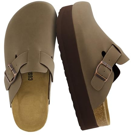 CUSHIONAIRE Loom Platform Clogs for Women, Stylish Vegan Suede Closed Toe Womens Clogs with Adjustable Buckle and Memory Foam Cork Footbed, BROWN 8