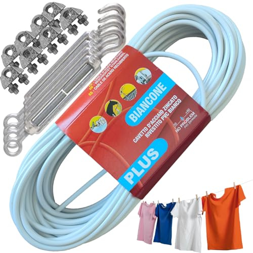 parpyon® Filo per stendere il bucato da esterno 50MT x d.4,5mm PLUS Resistente filo stendibiancheria per esterno Made in Italy Cavetto in Acciaio rivestito (Filo Plus + Kit, 50MT)