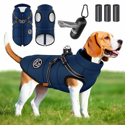 LOVPET® Hundejacke Hundemantel mit Geschirr, inkl. 45 Stück Kotbeutel + Spender, Hunde Winterweste gefüttert wasserdicht, Gepolsterte Weste Mit Brustgurt, Reflektoren, D-Ring 5XL, Navyblau