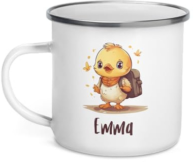 Chatcripant Mug Enfant Personnalisé Animal avec Prénom – Tasse en Céramique 325 ml – Cadeau Enfant (Blanc - Poussin, Gobelet en Acier Émaillé)