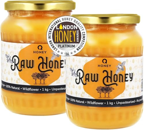 Q Honey Raw Wildflower Honey 2KG, Unfiltered & Unpasteurised, Award-Winning | Unheated raw honey - Platinum 2026, Gold 2025 & No.1 Crystallised at the London Honey Awards - 2 x 1kg jars