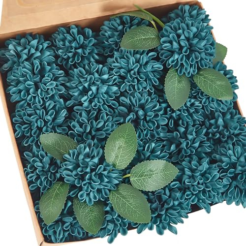 YEEFLORA Lot de 25 roses artificielles pour bouquets de mariage, centres de table, arrangements de table, fleurs de dahlia bleu sarcelle foncé avec tige pour fête prénuptiale, décoration d'intérieur