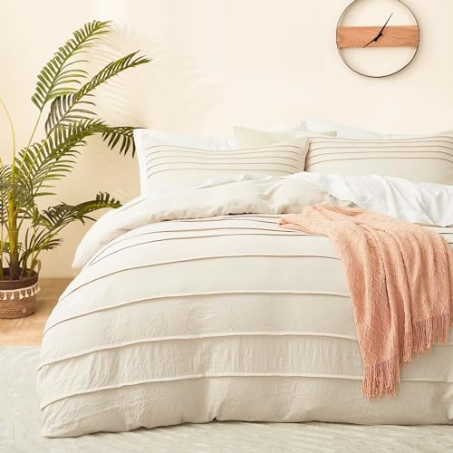 DJY Beige Duvet Cover Double Size - Boho Pleated Double Duvet Cover, 3PCS Soft and Breathable Textured Bedding Set with Zipper Closure (Beige, 200x200cm)