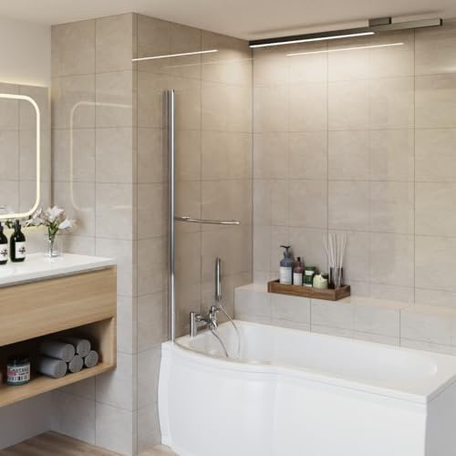 Aquariss 1400x715mm Curved P Shape Bath Screen Panel Chrome with Towel Rail | 180 Pivot, Aluminum Frame, Toughened Easy Clean Glass, Reversible, 15mm Wall Adjustment, Seal Strips, Easy to Install