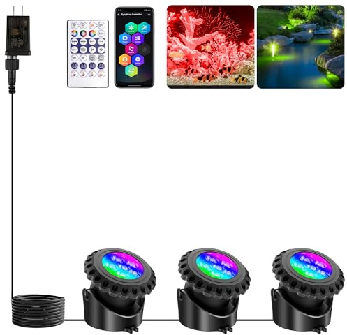 T-SUN Colored Pond Lights with Timer, LED Underwater Submersible Fountain Fish Tank Landscape Lights - Bluetooth APP & Remote Control, IP68 Waterproof (Set of 3)