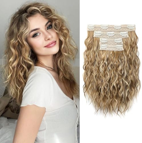REECHO Clip in Extensions, 30cm Gewellt 4-teilig Haarverlängerung für Sofort Mehr Volumen | Kurzes Haarteil für Natürlich Volleres Haar | Premium Kunsthaar (Matt & Seidig) - Goldblond mit Strähnen
