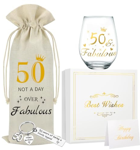 DEARLIVES Copas de vino de 50 cumpleaños, regalos personalizables, copas de vino doradas, bolsas de botellas de 17 onzas para mujeres y hombres