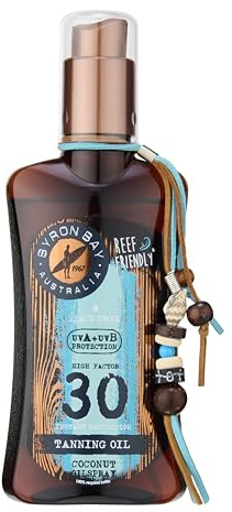 Byron Bay Australia Fast Bronzing Tanning Oil with SPF 30 Spray - UVA & UVB Instant Protection, Non-Greasy, with Vitamin E & Aloe Vera, Coconut Scent – 200ml