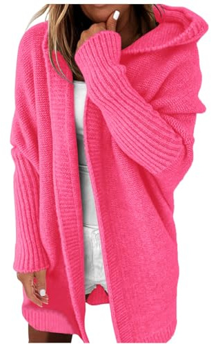 Longra Strickjacke Damen Lang Cardigan Grobstrick Strickmantel Warm Open Front Sweater Winter Strickmantel Strickpullover Casual Locker Winter Grobstrickjacke Sweater Outerwear Jacke (Hot Pink, S)