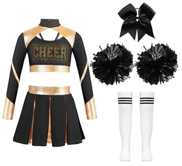 Miutii 5er Set Kinder Mädchen Cheer Leader Kostüm Cheerleading Kleid Langarm Crop Tops mit Rock Pompoms Socken Halloween Karneval Fasching Schwarz 158-164