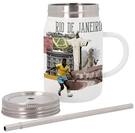 Mug Isotherme en Inox avec Couvercle et Paille - Rio de Janeiro Vintage Collage Brésil Voyage Foot Carnaval - 500 ml - Tasse Thermo
