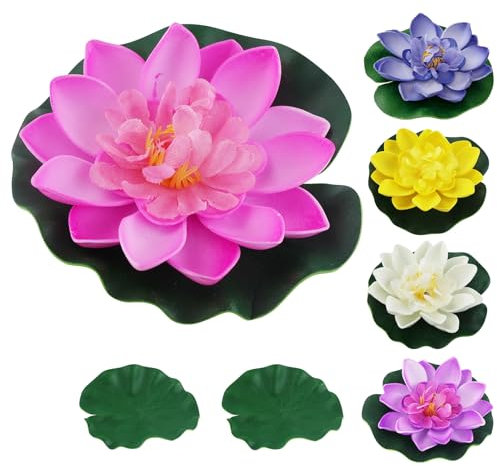 JRSHIRLEYLTD 5 flores flotantes, nenúfares artificiales, flores de loto, lirio de agua, estanque de flor de loto para uso en piscinas, acuarios, escenas de arroyos con 2 hojas de loto