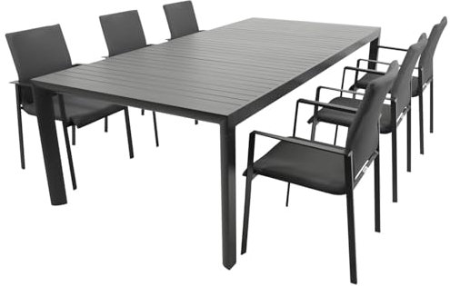 DEGAMO Gartenset Garnitur Lagos XL 7-teilig (6X Stapelsessel, 1x Ausziehtisch 195/255x120cm), Alu anthrazit, Outdoor