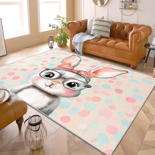 PaxGloz Hasen Teppich Kinderzimmer - Teppiche Wohnzimmer Schlafzimmer Mädchen Hase, Großer Teppich Cartoon Tiere, Weich Kurzflor & Waschbar & rutschfest Kinderteppich, Bettvorleger 160x200 cm
