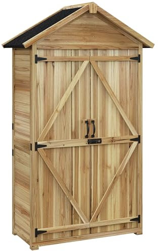 Outsunny Casetta da Giardino in Legno di Abete 0.43m², Casetta Porta Attrezzi da Giardino Ripostiglio con Tetto Inclinato, 3 Ripiani Rimovibili, Chiavistello e Piedini Regolabili, Color Legno