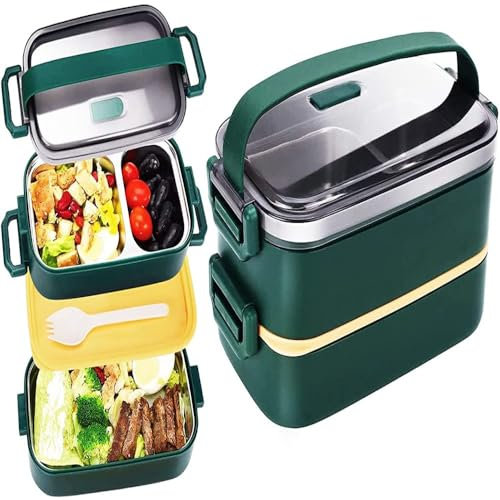 Lonchera Bento de acero inoxidable para adultos, lonchera japonesa a prueba de fugas, juego de recipientes de almacenamiento de alimentos divididos, apilables, 2 capas, para niños, escuela, picnic