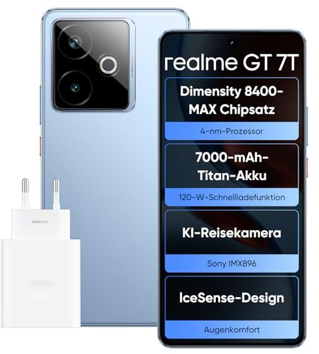 realme GT 7T Smartphone, 5G Doble SIM, 12 GB de RAM, 256 GB de ROM, Pantalla AMOLED de 6,8, Chipset Dimensity 8400-MAX,7000 mAh, Cámara AI Travel Snap, IceSense Azul (Adaptador Incluido)