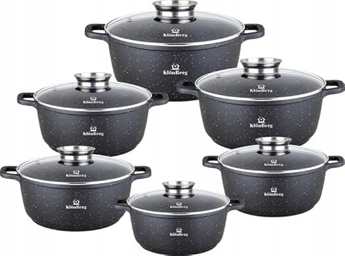 Klönberg 12-teiliges Topfset, antihaftbeschichtet, ideal für alle Herdarten, mit Deckel, schnell aufheizbar, Induktionstöpfe KB4021 (Schwarz, 12)