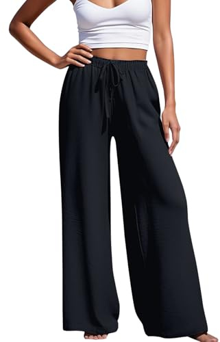 Hose Weites Bein Damen, Damen Leichte Weite Hosen Loose Sommerhose High Waist Stoffhose Mit Kordelzug Und Gummibund Casual Einfarbig Yogahose Schlupfhose Jogginghose Stretch Hose Mit Taschen, XL
