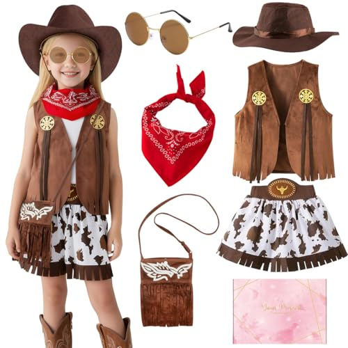 TOSZOLY Cowgirl Costume Bambina, Western Vestito Cowgirl Bambina con Gilet, Cappello, Bandana Rossa, Costume da Cowgirl per Halloween Carnevale Cosplay Festa