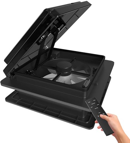 2012 14 x 14'' RV Vent Fan Ventilation 12V Reversible Super Quiet Exhuast RV Roof Vent with Rain Sensor, Remote Control for Motorhome Camper Van Trailer Bathroom Roof Fan - Black