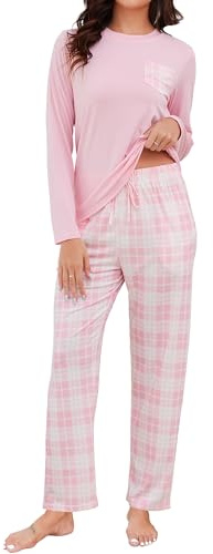 TeJoyce Pyjama Femme Hiver Coton, Ensembles De Pyjama Femme Coton VêTements De Nuit à Manches Longues Et Pantalon à Carreaux avec Poches, Doux Et Cocooning pour La Maison S-XXL