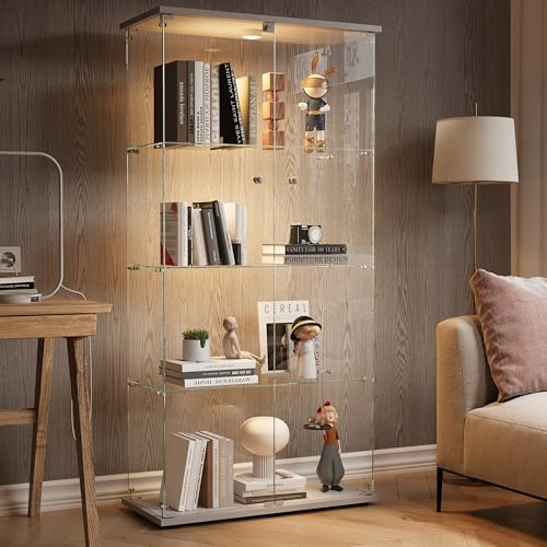 KatFash Vitrina Cristal,Vitrina Expositora para Colecciones con 4 Estantes de LED 2 Puerta con Cerradura,Gabinetes de Vidrio para Salón Dormitorio, Vino,164x80.5x36.5cm,Blanco