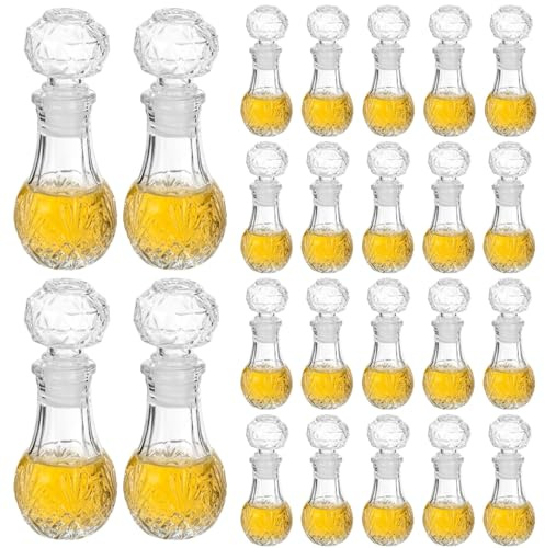 SWEWARM 24 Pcs Mini Glass Wine Bottles, 1.7 fl oz / 50 ml Glass Tequila Bottles, Decorative Embossed Liquor Bottle, Empty Refillable Spirits Bottle with Stopper for Wedding Shower Party Favors