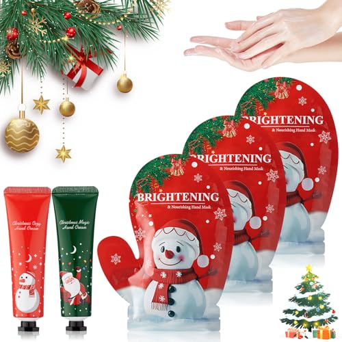Guante Exfoliante, Tratamiento Profesional para Hand, Kit Navideño con 3 Mascarillas para Manos y 2 Cremas de Manos, Reparación Intensa para Suavizar la Piel