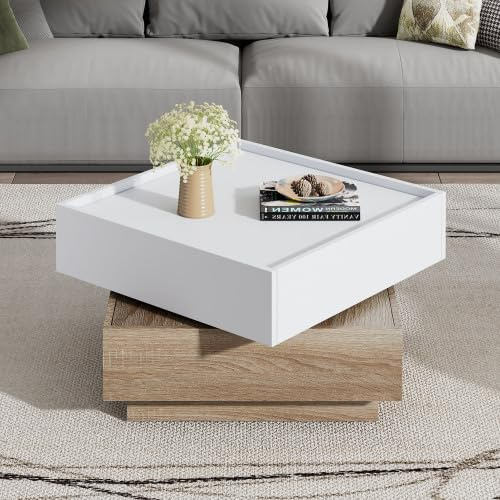 Merax Mesa de centro 60 x 60 x 38 cm, mesa de salón, giratoria 360°, mesa giratoria de 2 niveles y armario de almacenamiento, mesa auxiliar con marco de nogal para el salón, color blanco