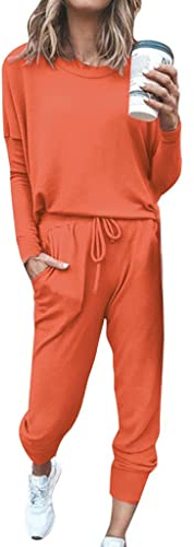 Byxdress dam elegant stor storlek 2 st dam färg kostym långärmad fritid hem joggingbyxor set camping träningsoverall, apelsin, 3XL