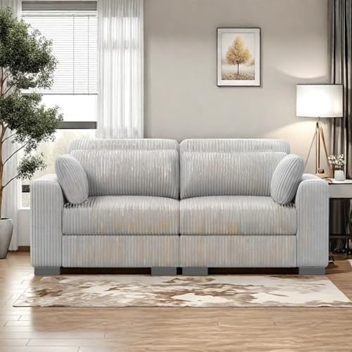 PerGar Cord Sofa 2 Sitzer, 88cm Breit Sofas, Bequemes Couch 58CM Extra Tiefe Sitze, Schlafsofa Klein Klappsofa Sofa 2 Sitzer, Big Sofa Couch mit 2 Sessel, für Wohnzimmer & Schlafzimmer (Grau)