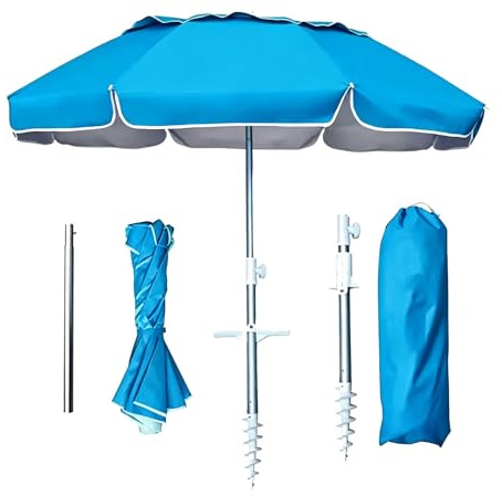 Parasol De Plage Portable 2m Avec Ancre À Sable, Protection Solaire UPF 50+, Parasol Pliable Télescopique 3 Sections, Inclinaison Réglable Pour Voyage, Camping, Terrasse, Jardin, Piscine(Light blue)