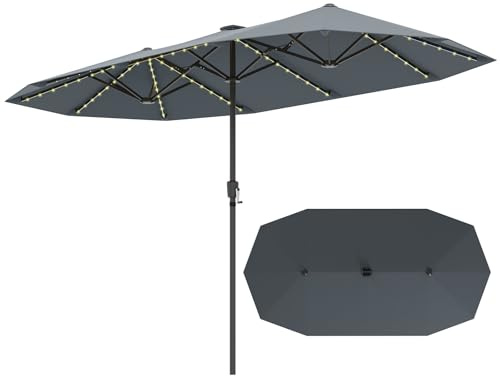 KOMFOTTEU Sombrilla Doble 4 x 2 m con Luces LED, Sombrilla de Jardín Rectangular con Manivela y 12 Varillas, Parasol Terreza Exterior con Protección Solar, para Piscina, Patio (Gris, con Luz)