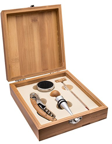 Schmalz Bamboo Wine Set 4 Pieces Waiter's Knife with Engraved Engraving Wine Set Thermometer, Bottle Stopper and Drip Ring