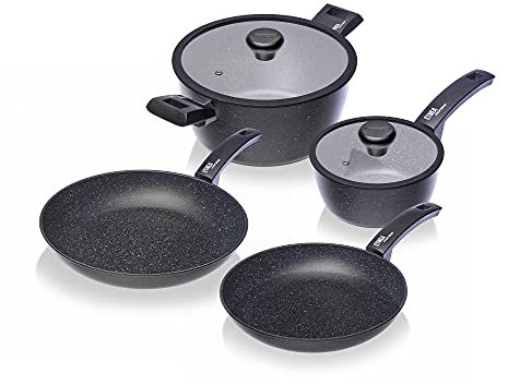 Moneta Etnea Batteria Essential Set da 6 Pezzi, 2 Padelle 24 e 28 cm, Pentolino 1 Manico 16 cm, Pentola Grande 24 cm 2 Manici, Coperchi da 16 e 24 cm con Bordo in Silicone