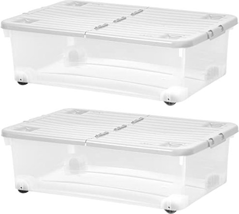 Muddy Hands Pack of 2 - Large Clear Plastic Storage Boxes with Lids & Wheels Under Bed Stackable Containers (32 Litre)