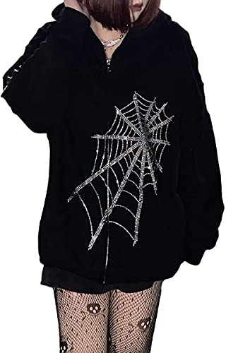 ORANDESIGNE Damen Kapuzenjacke Hoodie Jacke Hip Hop Boyfriend Style Oberteile Basic Sweatjacke Übergangsjacke Gothpunk Spinnennetz Hoodie Harajuku Mantel Reißverschluss Sweatshirt G Schwarz L