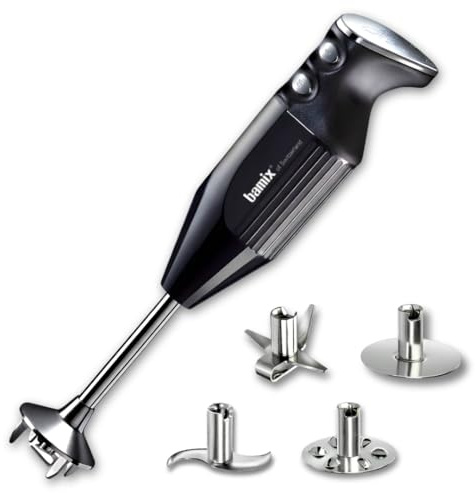 bamix Set mixeur plongeant M350 MAXX avec couteau multifonction, viande et légumes, fouet, batteur en inox, 300 W, 2 vitesses, Fabriqué en Suisse, Noir/chrome