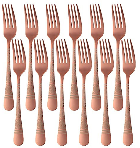 Dinner Forks, Buyer Star Stainless Steel Table Forks Set of 12, Classic Flower Pattern Metal Cutlery Fork Set for Home Kitchen Restaurant, Dishwasher Safe - (8.1 in, Rose Gold)