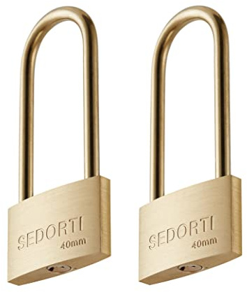 SEDORTI Weather Proof Lock, Keyed Alike Solid Brass Padlocks with Long Brass Shackle, Light Duty, 1-1/2 Wide Body, Marine Padlock, Anti Rust Lock, 2 Pack