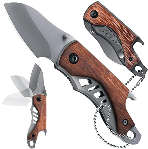 HONZIN Navaja de bolsillo Cuchillo plegable Mango de madera Mini multiherramienta 3 en 1 Cuchillo de Acero Inoxidable