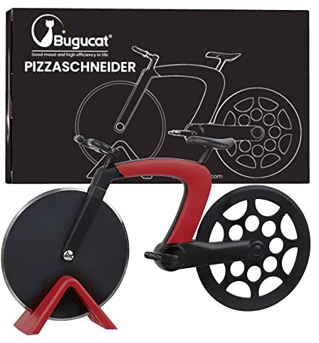 Bugucat Cortador de Pizza,Cortapizzas de Bicicleta Ruedas para Cortar Pizza con Revestimiento Antiadherente, Pizza Ruedas Cortadora en Acero Inoxidable con Soporte,Apto para Hogar y Cocina (Rojo)