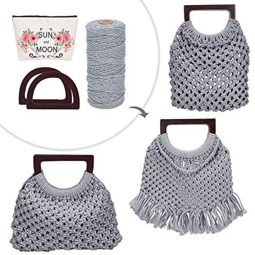 WEBEEDY Macrame Bag DIY Kit for Adults Beginners Macrame Purse Kit for Women/Girls Macrame Handbag with Wooden Handle Starter Crafts Supplies Set for Christmas Boho Gift Ideas (Grey)