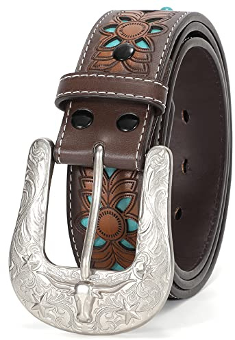 XZQTIVE Women Men Genuine Leather Belt Vintage Ladies Western Belt Engraved Tooled Leather Belt Cowboy Cowgirl Country Belt