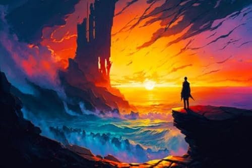 Tableau composite en aluminium 50 x 30 cm : homme se tient debout sur une falaise et regarde le coucher du soleil. Generative IA (200755702)