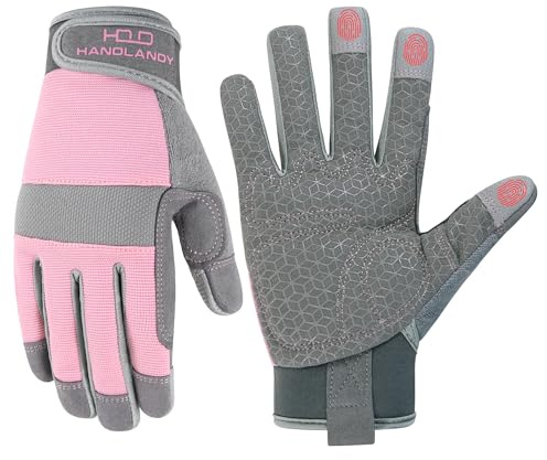 HANDLANDY Safety Work Gloves, Utility Mehanic Gloves, Grey Pink, M | Durable Working Gloves for Women, Touchscreen, for Construction, Warehouse, Carpentry, Driving, Gardening, Landscaping