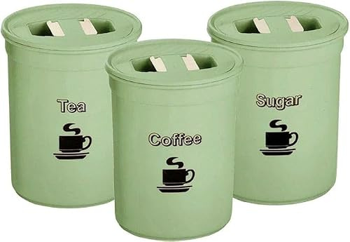 Bargain House - 3-Piece Tea, Coffee, Sugar Canister Set - Elegant 850ml Plastic Airtight Storage Jars – Durable Construction - Round Containers with Lid – Kitchen Essential – Food Preservation - Green